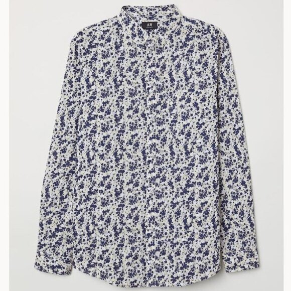 H&M Men's Ivory Blue Pattern Standard Cut Cotton Button Down Long Sleeve Shirt M - Picture 1 of 12